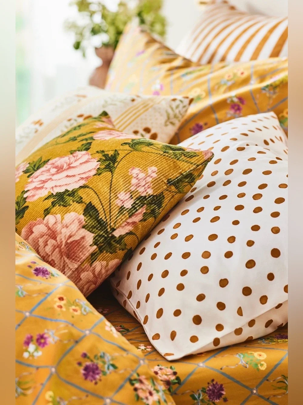 Anthropologie Celia Velvet Cord Floral Pillow, Mustard and Blush Pink